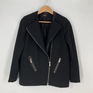 Maje Wool and Leather Moto Jacket Asymmetric Wool Blend Coat Stylized, Black, S